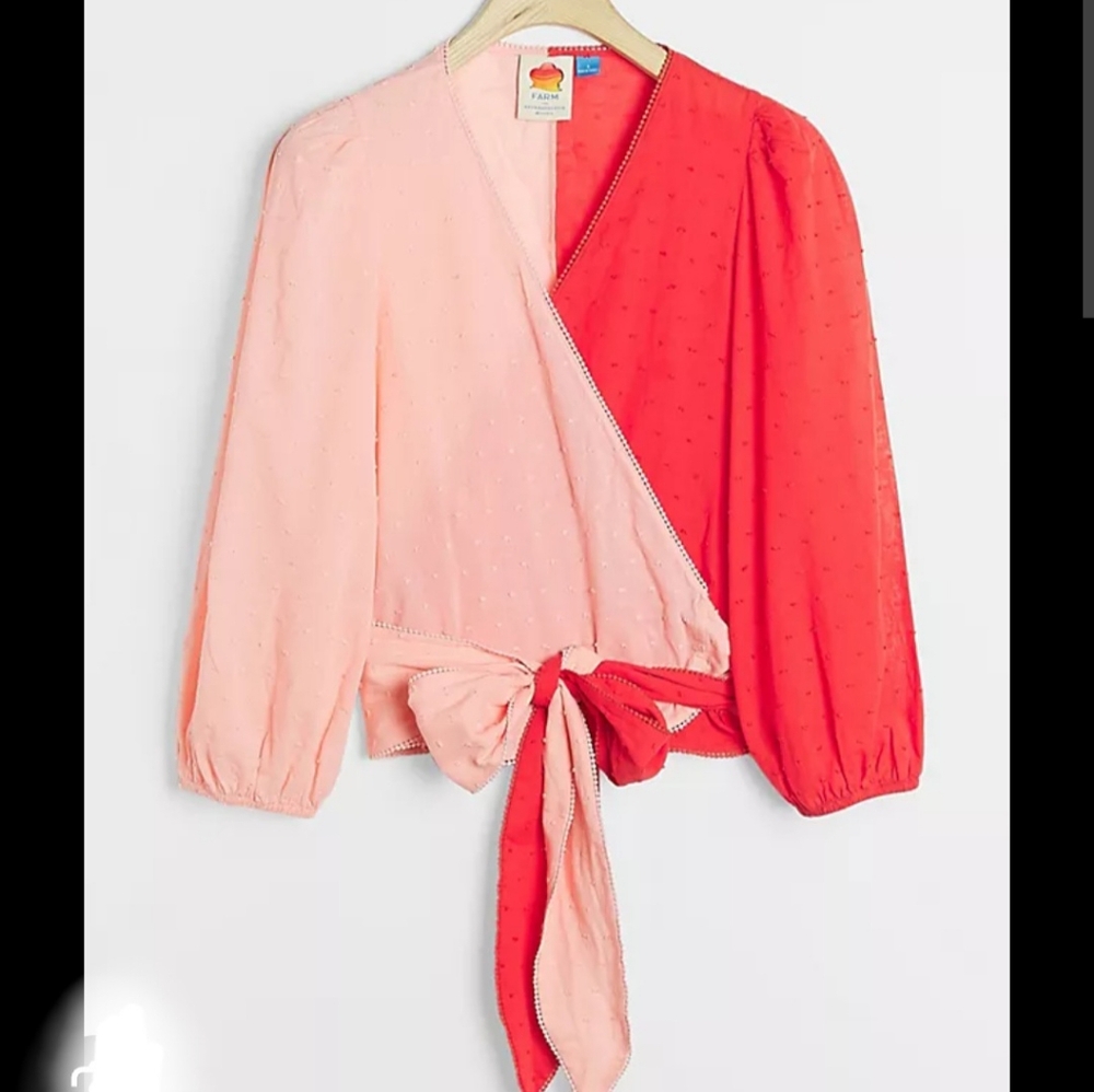 Farm Rio Pink Red Colorblock Swiss Dot Wrap Top